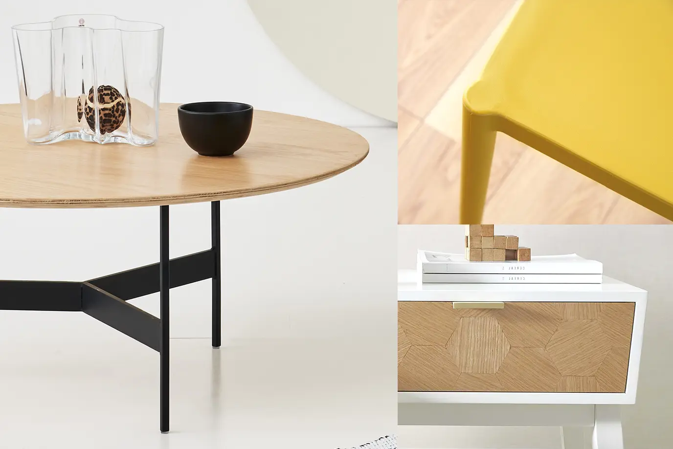 木のリビングテーブル、黄色い椅子などの北欧アイテム