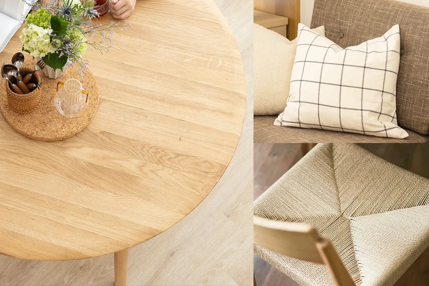 木のテーブル、自然素材の椅子などのナチュラルアイテム